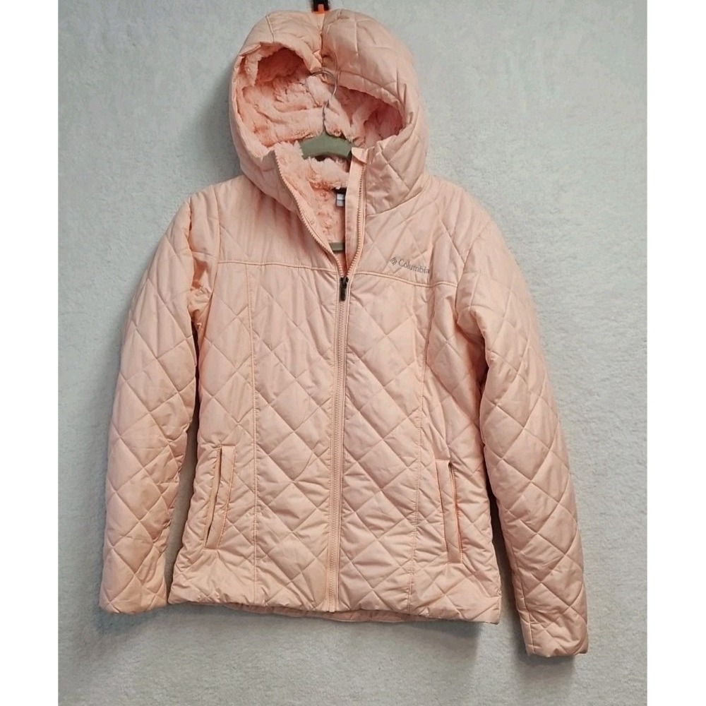 Columbia Jacket Womens Small Pink Puffer Sherpa Lined Hooded Winter Coat Zip Up
